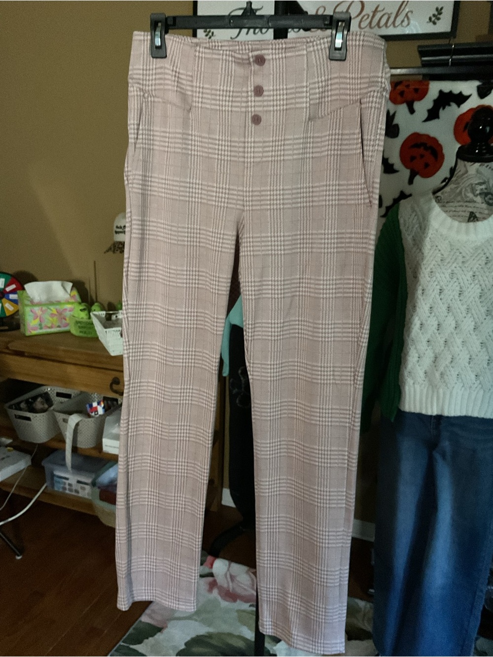 HALARA Pink Plaid High-Rise Wide-Leg Pull On Trousers